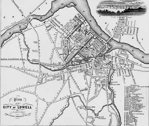 gray map titled "City of Lowell" showing the rives, some canals and neatly laid out roads and streets
