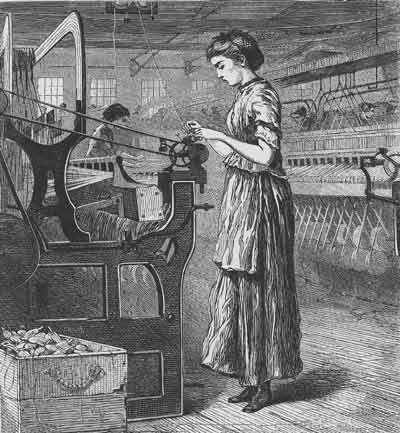 Line drawing of young woman operating a 19850's bobbin winding machine