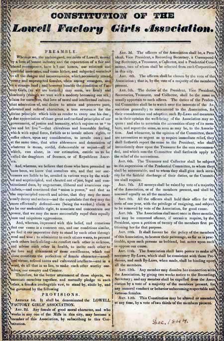 Large unreadable document titled: Constitution of Lowell Factory Girls Association