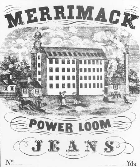 Label for  Merrimack Power Loom Jeans. With illustration of 4 or 5 story mill building, ladies with parasols, horse carriage.